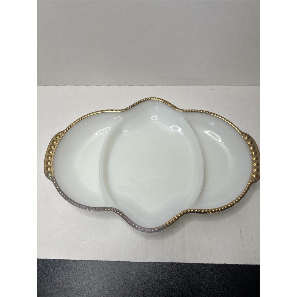 Vintage Fire King Milk Glass Divided Relish Dish Gold Beaded Trim Anchor Hocking